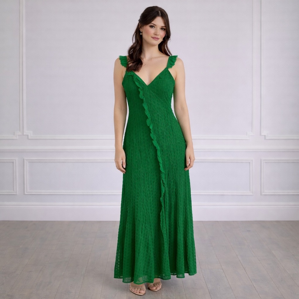 ASOS Bright Green Ruffle Maxi Dress Asymmetric Ruffle Eyelet Lace Gown Sz 6